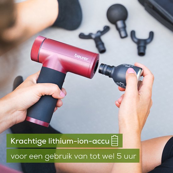 Beurer MG 195 HOT & COLD Limited Edition 25 Pistolet de massage - Chauffe et refroidit les muscles - 7 accessoires inclus - 9 niveaux d'intensité - Batterie puissante - Utilisation sans fil - 3 ans de garantie - Bordeaux/noir