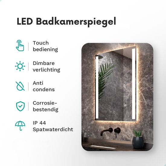 Mirlux Miroir de salle de bain avec éclairage LED et chauffage - Miroir mural rectangulaire - Miroir de douche anti-condensation - 90x65CM