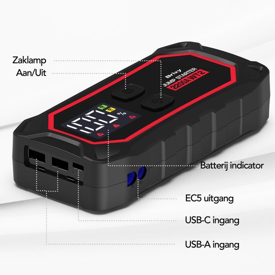 Brixy Jumpstarter pour voiture - 2200A / 16,000 mAH - Aide au démarrage 4-en-1 - Lampe de poche LED, Lumière d'urgence SOS et Powerbank - Rouge/Noir