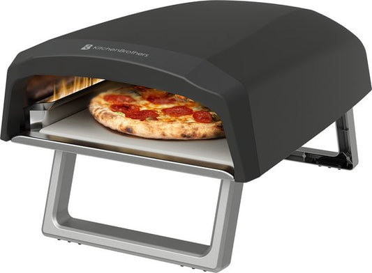 Four à Pizza - KitchenBrothers - Gaz - Pliable - Pierre à Pizza - Double Brûleur - Four pour l'extérieur - Noir/Gris