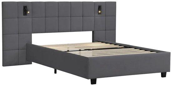 Lit capitonné Luzano - 140x200cm - Velours - Liseuse incluse - Gris foncé