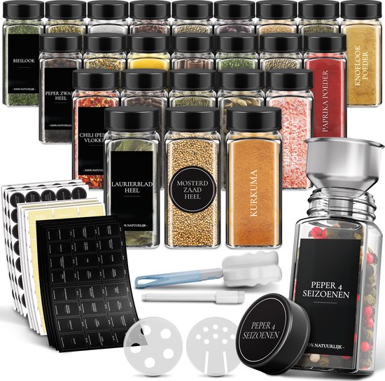 Soothe 24 pots à épices en verre carrés avec couvercle noir - 2 types de couvercles à saupoudrer - Spice Spreader - Pots à épices - Set complet avec stickers à épices, stick à craie et accessoires - 120ml