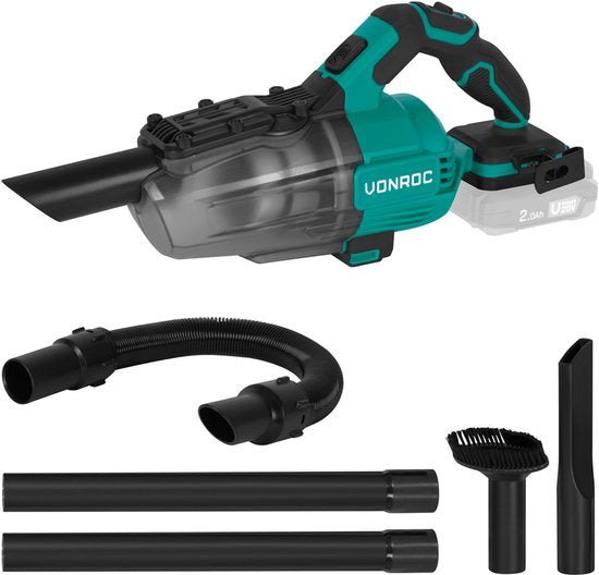 VONROC Aspirateur-balai sans fil puissant - VPower 20V - Batterie et chargeur inclus - Bac de ramassage 0,6L - 3 suceurs, 2 tubes d'extension et tuyau flexible inclus