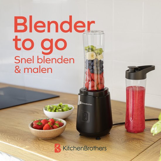 KitchenBrothers Mini Blender - Blender to Go - Smoothie Maker - 2 To-Go Cups 600 ml - Noir