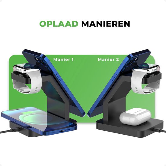 iSETCHI - Chargeur sans fil Qi et Magsafe 3-en-1 - 15 Watt - Plastique noir - Adaptateur QC 3.0 inclus - Pour iPhone, Apple Watch et Airpods - Lieu de travail organisé