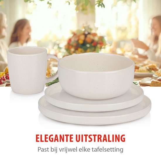 alpina Service de table 16 pièces - Ensemble d'assiettes 4 personnes - Vaisselle en faïence - Assiettes à déjeuner, assiettes à dîner, bols et tasses - Résiste au micro-ondes et au lave-vaisselle - Crème