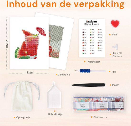 Rubye® Mini peintures de diamants - 2 pièces - Set - Adultes - Peinture de diamants pour enfants - Big Ben & Watermelon Cocktail- 15x20cm