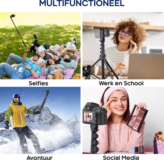 Studio ME Phone Tripod - 170 cm - Tripod Smartphone - Black - Camera Tripod - Phone Holder - Incl. Bluetooth Remote Control - Tripod Iphone - Tripod Phone