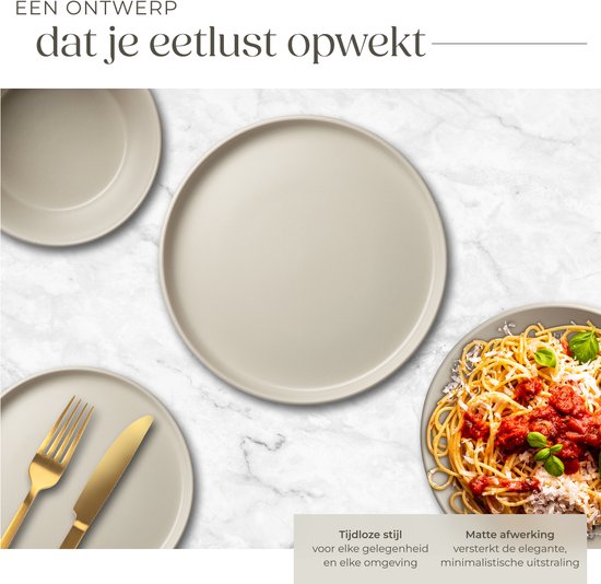 tectake® Service de vaisselle Una - 24 pièces - Faïence - 6 personnes - Service de vaisselle élégant et durable - Ensemble d'assiettes avec grandes et petites assiettes, bols, coupes - Taupe