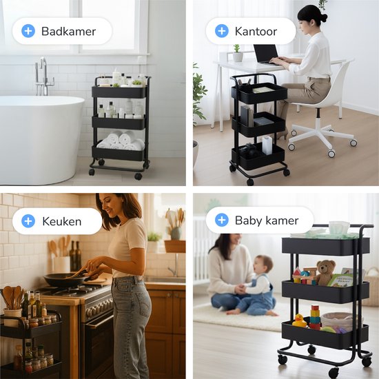 Chariot de cuisine à roulettes - 3 étages - Chariot de cuisine - Chariot de service - Armoire - Chariot - Rangement - Armoires de douche sur pied - Rack - Noir - Luft