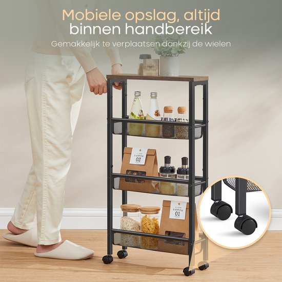 O'DADDY® Kitchen Trolley - Chariot à roulettes étroit - Ilot de cuisine - Chariot de service - Chariot de cuisine à roulettes - Chariot de cuisine - Design industriel - Bois brun - Métal noir