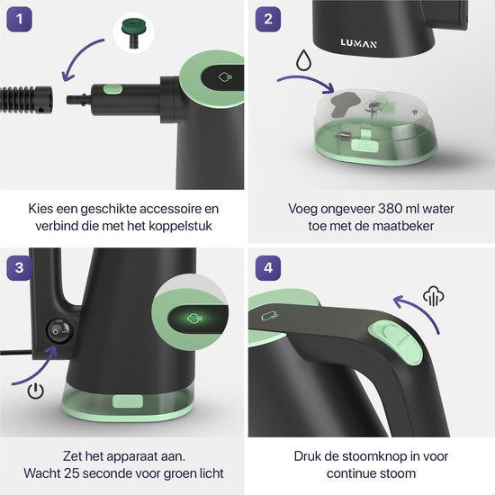 LUMAN 16 in 1 Steam Cleaner AND Hand Dryer V3 - Carpet Cleaner - Stain Cleaner - Floor Cleaner - With 16 Attachments and 3 Microfiber Cloths - Green (Nettoyeur à vapeur et séchoir à main 16 en 1 V3 - Nettoyeur de tapis, de taches et de sols)