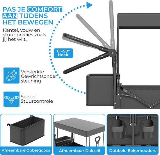 TerraGear Wagon pliable - Wagon avec toit et poignée - Noir - Capacité 120L - Capacité de charge 150KG