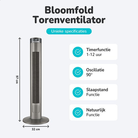 Ventilateur de tour Bloomfold - 38 pouces - Gris - Télécommande - Mode veille - Minuterie 12 heures - Affichage LED complet
