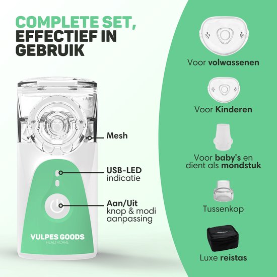 Vulpes Goods® HealthCare - Dispositif d'aérosol - Nébuliseur ultrasonique - Nébuliseur - Dispositif d'inhalation pour les enfants, les adultes et les bébés - Aide à lutter contre les maladies respiratoires - 3 buses et sac de voyage de luxe inclus
