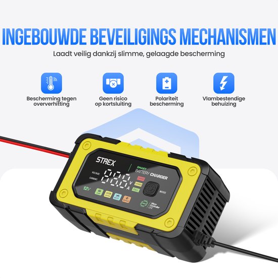 Chargeur de batterie Strex 12V 7A - Chargeur rapide et goutte à goutte avec écran LCD - Pour voiture, moto, bateau et batteries AGM/plomb - Mode réparation