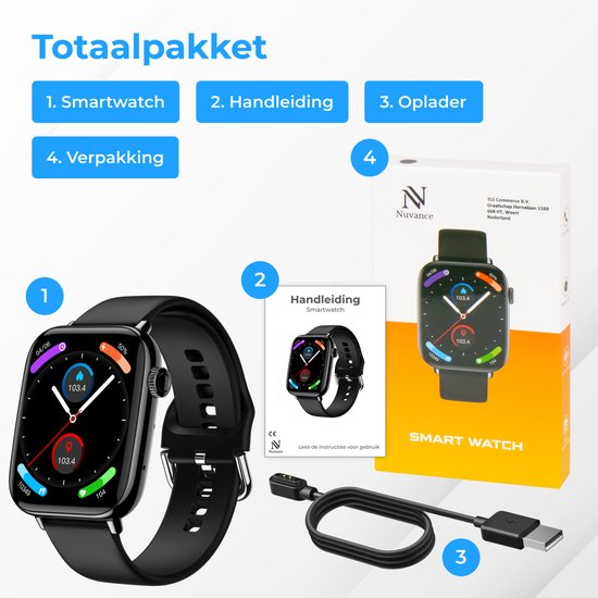 Nuvance - Smartwatch Hommes et Femmes avec Bluetooth - IP68 Waterproof - Convient à tous les Smartphones - Podomètre et moniteur de fréquence cardiaque - Noir