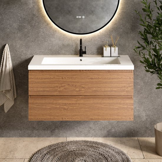 Mirlux Meuble de salle de bains Chêne chaud 100 cm - Lavabo Blanc - Ensemble de meubles de salle de bains - Meuble lavabo Chêne chaud