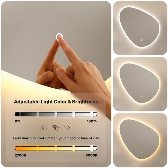 Mirlux Miroir de salle de bain avec éclairage LED et chauffage - Miroir mural asymétrique - Miroir de douche anti-condensation - 100x62.5CM