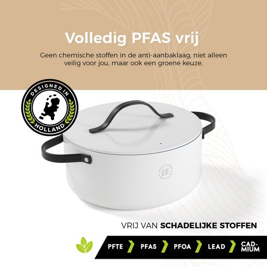 BE Living Essential Casserole avec couvercle - Ø 28 cm - Poêle de cuisson - Céramique - Sans PFAS - Induction - Blanc