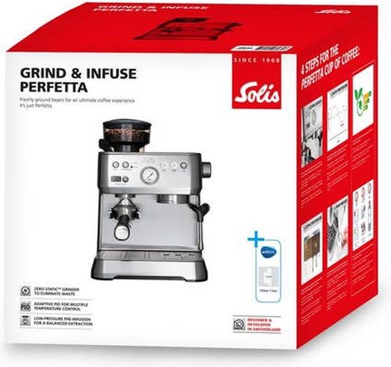 Solis - Machine à espresso avec moulin à grains - réservoir d'eau de 2,6 l & avec mousseur à lait - manomètre et pré-infusion intégrés - pour une qualité de barista à la maison - acier inoxydable argenté