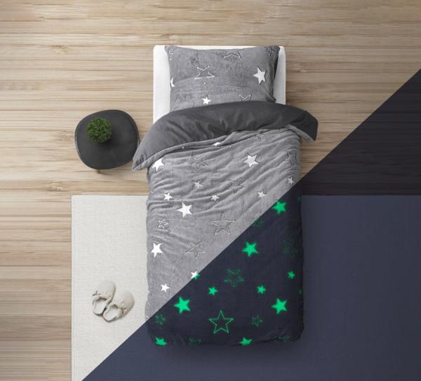 Housse de couette phosphorescentes - Sleeptime - Motif étoilé - 140x200/220 + 1 taie d'oreiller 60x70 - Gris