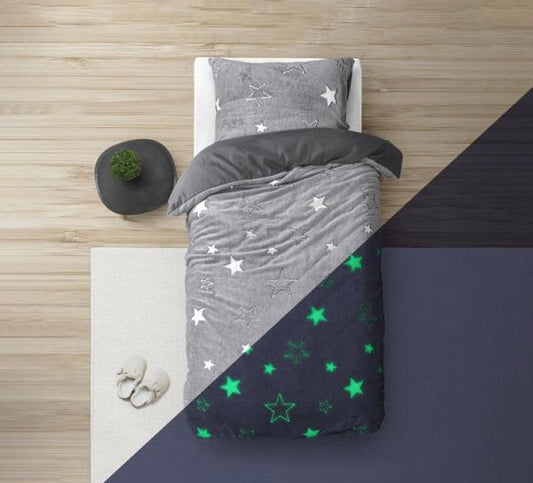 Housse de couette phosphorescentes - Sleeptime - Motif étoilé - 140x200/220 + 1 taie d'oreiller 60x70 - Gris