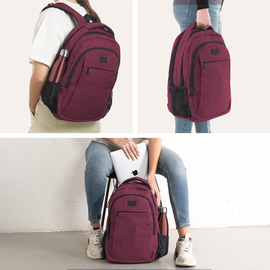 TRVLMORE Sac à dos à vie - Sac à dos avec compartiment pour ordinateur portable de 15,6 pouces - Cartable - Résistant aux éclaboussures - Hommes et femmes - Garçons et filles - 28L - Bourgogne