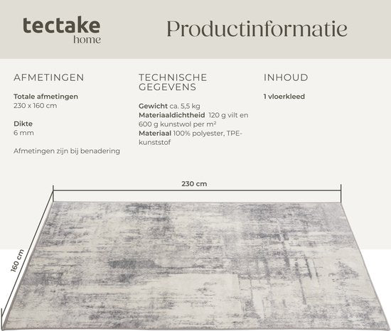 tectake® Tapis au design vintage - Tapis à poils ras pour le salon, la chambre d'enfant, la chambre à coucher ou le couloir - Lavable - Taille div. - 160x230cm - beige/gris
