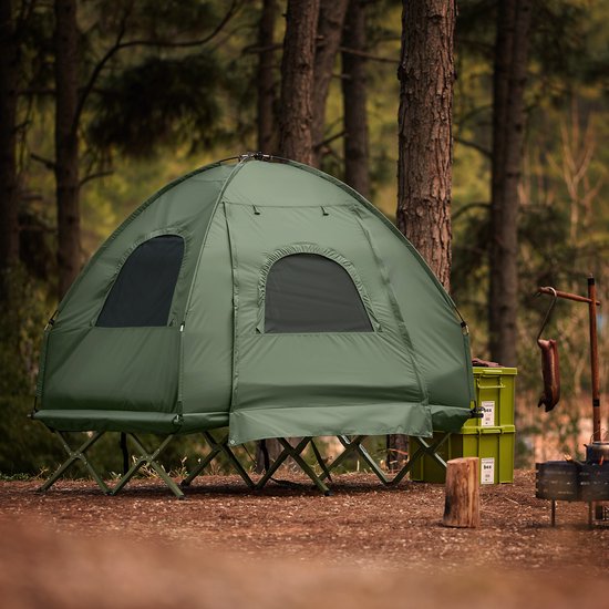 SoBuy OGS61-L-GR | Lit de camp pliable | 3 en 1 avec toit anti-UV + matelas gonflable + sac de transport | charge maximale 300 kg | 2 personnes