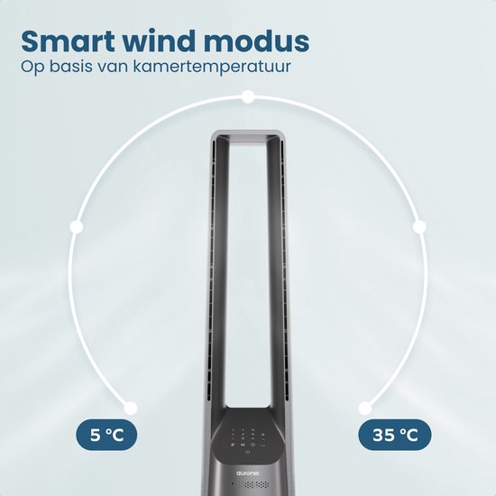 Ventilateur de tour Auronic - Modèle sans pales - Refroidisseur d'air - Ventilateur de sol - Ventilateur silencieux sur pied - 101 CM - 6 vitesses - Ventilateur - Avec minuterie - 39 dB - Gris clair