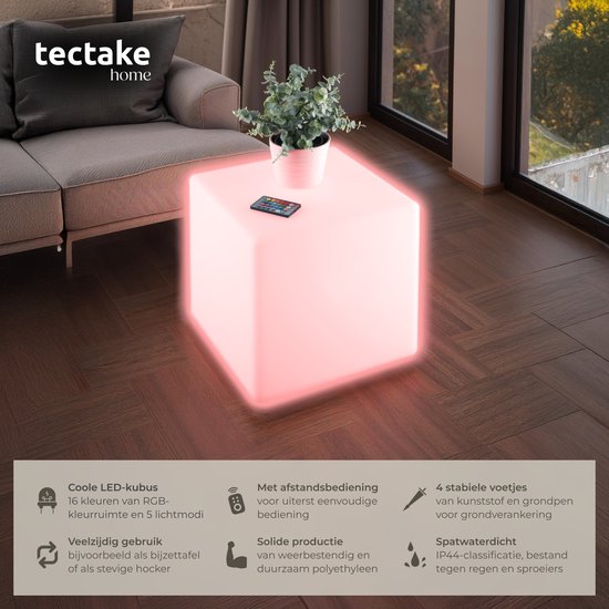 tectake® Luminous Cube - Cube lumineux LED - 16 couleurs RGB et 5 modes d'éclairage - Eclairage de jardin robuste et résistant aux intempéries - 35x35x35 cm - Décorations de fête - Décoration de jardin - Source lumineuse et télécommande incluses