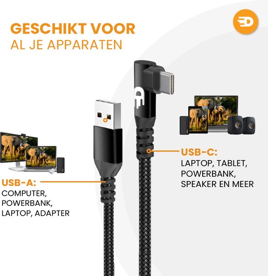 Drivv. Câble USB vers USB C - Crochet - Câble de données et de charge USB C - Charge rapide / Charge rapide - 3 mètres - Convient à Samsung, iPhone 15 et autres -Noir