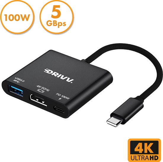 Drivv. Adaptateur USB C vers HDMI 3 en 1 - HDMI 4K 60hz - USB 3.0 - PDW 100w - Noir
