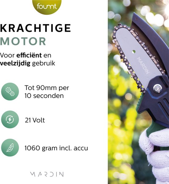 Mini tronçonneuse Mardin - Scie à branches électrique - Scie d'élagage - Scie à bois - Scie à main - Scie à arbre - Taille-haie - 2 piles - Coffret de rangement - Vert