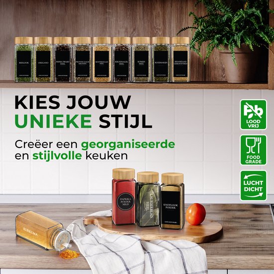 Soothe 24 pots à épices carrés en verre avec couvercle en bambou - 2 types de couvercles à saupoudrer - Spice Spreader - pots à épices - Set complet avec stickers à épices, stick à craie et accessoires - 120ml