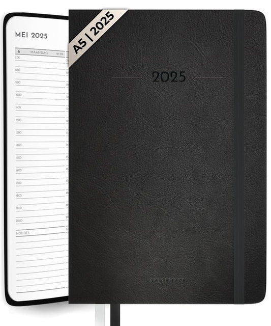 Systemyze Agenda 2025 Adultes - Calendrier hebdomadaire - Planificateur - Table horaire incluse - Format A5 - Noir
