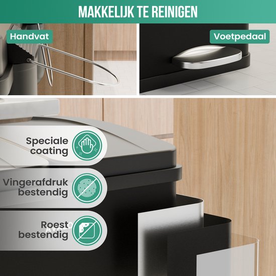 Avalo Trash Bin Waste Separation 60 Liter - Stainless Black - 2 Compartments - Environmentally Conscious, Hygienic & Fingerprint-Free - Pedal bin / Trash can