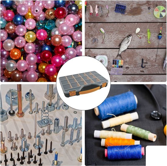 Boîte d'assortiment Perel, max. 20 compartiments, 16 séparateurs, couvercle transparent, empilable, 326 x 257 x 48 mm, jaune/noir