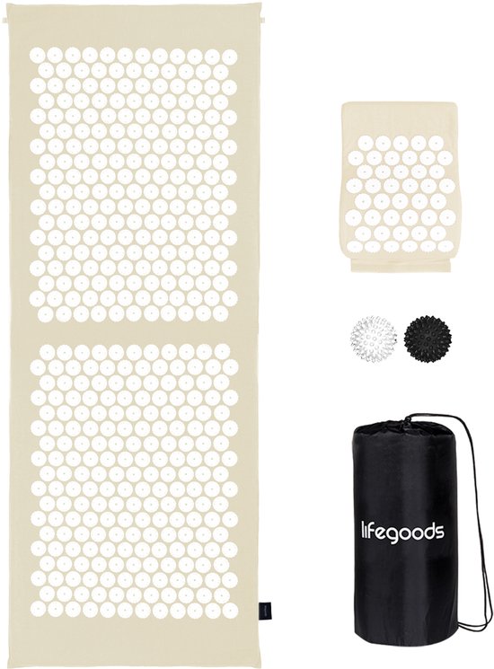 Tapis d'acupression XL LifeGoods - avec coussin - Tapis Shakti - Tapis pour les ongles avec 2 balles pour les points de déclenchement - 128x48x2cm - Beige/Blanc