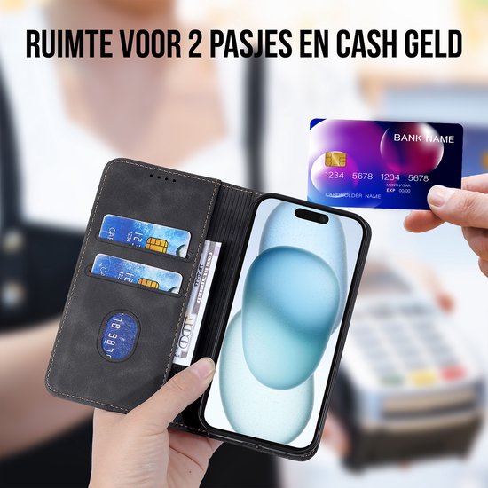 Podec Case with Card Holder Suitable for iPhone 15 Black Phone Case - Anti-Shock Bookcase Cover with 1x Screen Protector - Wallet Case