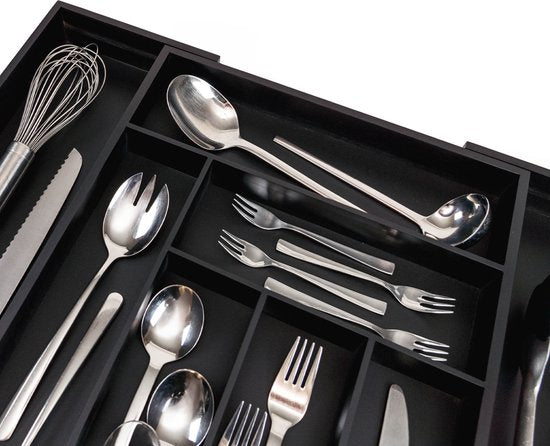 Budu Plateau à couverts extensible en bambou #50 (50 cm de profondeur) - Noir - Cassette à couverts en bois - Tiroir à couverts - 50 x 34.1 - 56 cm - 6/8 compartiments