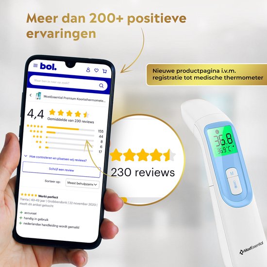 MostEssential Premium Thermomètre de fièvre - Thermomètre auriculaire - Thermomètre infrarouge - Thermomètre frontal - Thermomètre corporel - Thermomètre de fièvre pour adultes, enfants et bébés - Sans contact - 20D