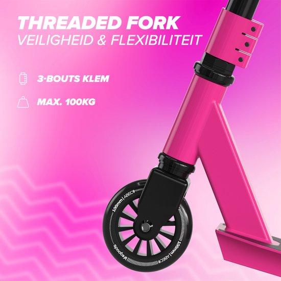 LifeGoods Stuntstep Fly X - 6+ Years - Marchepied pour enfants - Garçons/Filles - 100mm - 100KG - Noir/Rose