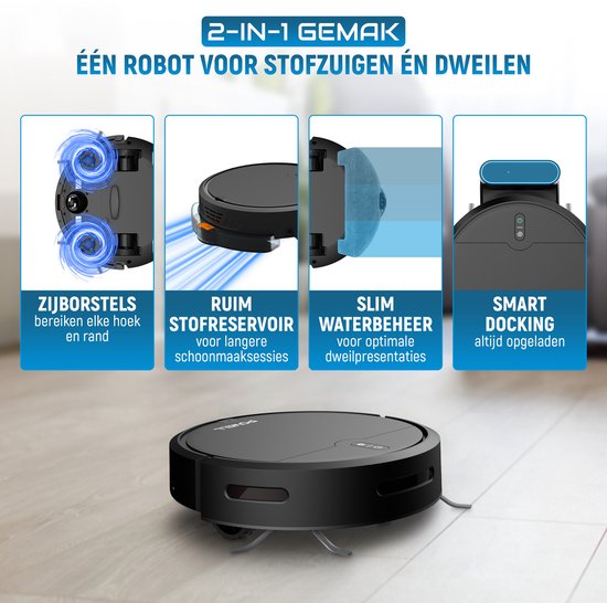 Powell Robot Aspirateur - Robot Aspirateur avec Fonction Mopping - Robot Aspirateur avec Station de Charge - Robot Aspirateur - Mopping Robot - Noir