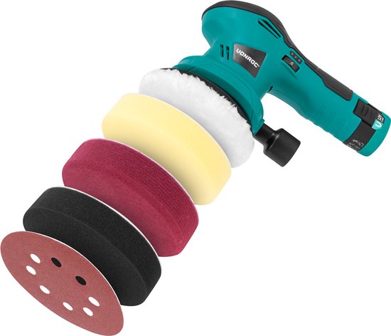 VONROC Polisseuse 12V - Ø 125mm - double action - 2-en-1 : polissage et ponçage - Batterie, câble usb-c, 4 disques de polissage et papier de verre inclus