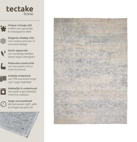 tectake® Tapis design vintage - Dalia - Tapis à poils ras pour le salon, la chambre d'enfant, la chambre à coucher ou le couloir - Lavable - Dim. div. - 160x230cm - beige