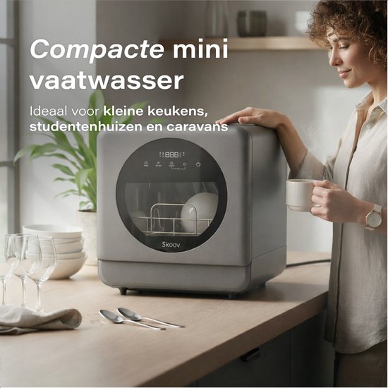 Skoov Mini lave-vaisselle avec réservoir d'eau - 5 couverts - 6 programmes de lavage - 45cm - Petit lave-vaisselle étroit à poser - Camping - Gris