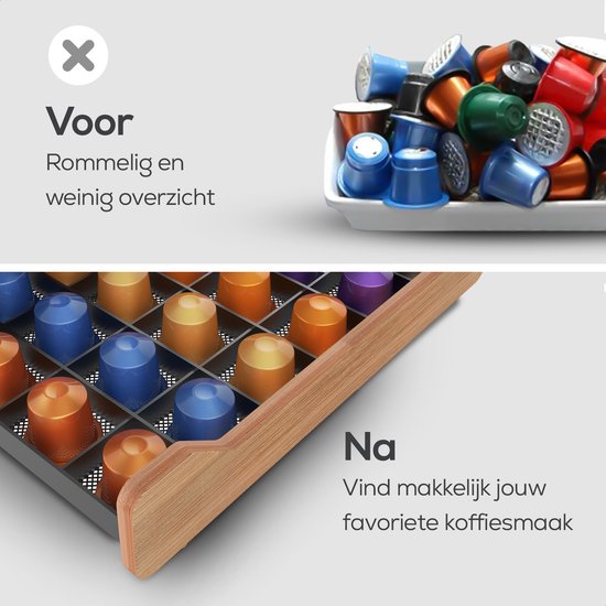 KitchenLove Porte-capsules Nespresso - Porte-tasses - Avec tiroir - Pour tasses à café - 60 tasses - Noir avec bois de bambou