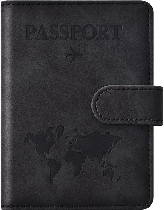 Travelhawk Etui à passeport - Porte-passeport - Portefeuille de voyage - Organisateur - RFID - Carte du monde - Cuir PU - Noir